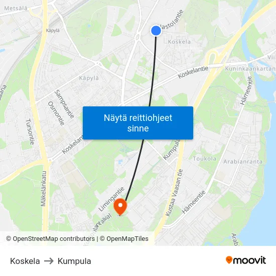 Koskela to Kumpula map