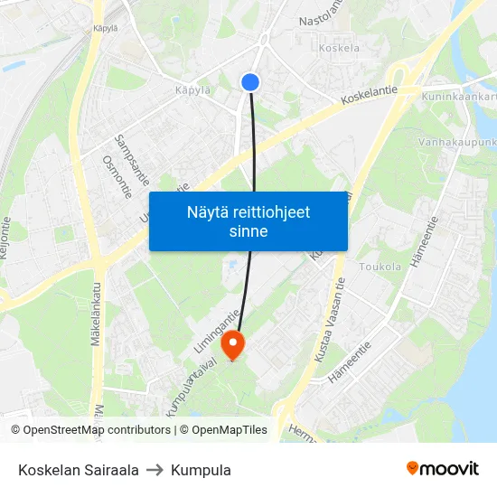 Koskelan Sairaala to Kumpula map