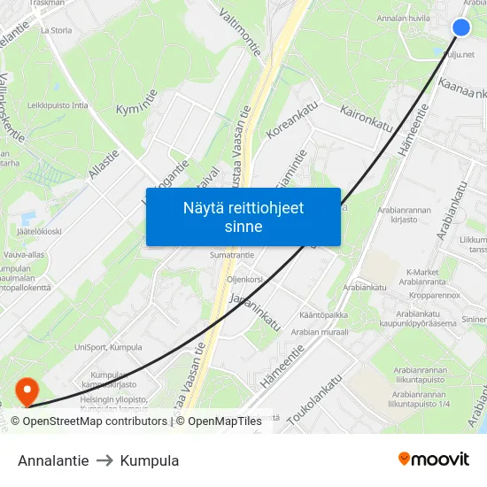 Annalantie to Kumpula map