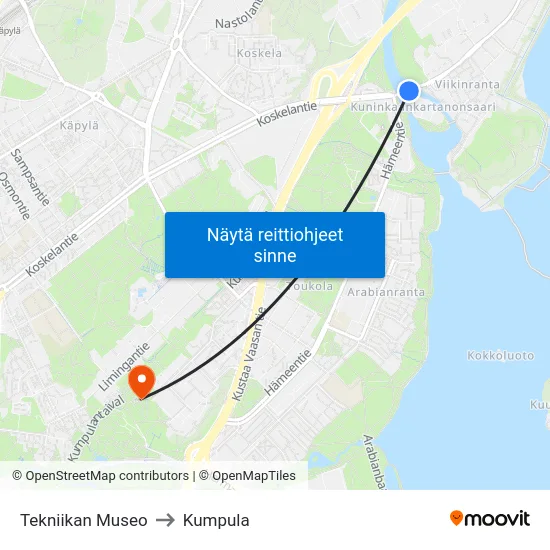 Tekniikan Museo to Kumpula map