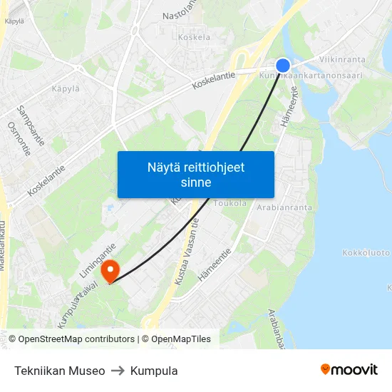 Tekniikan Museo to Kumpula map