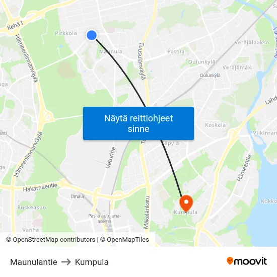 Maunulantie to Kumpula map