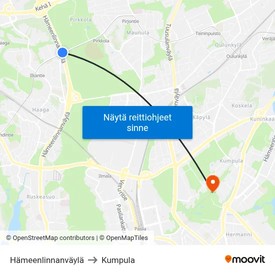 Hämeenlinnanväylä to Kumpula map