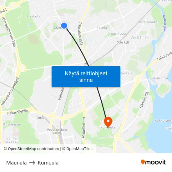 Maunula to Kumpula map