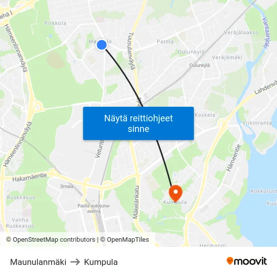 Maunulanmäki to Kumpula map