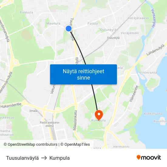 Tuusulanväylä to Kumpula map