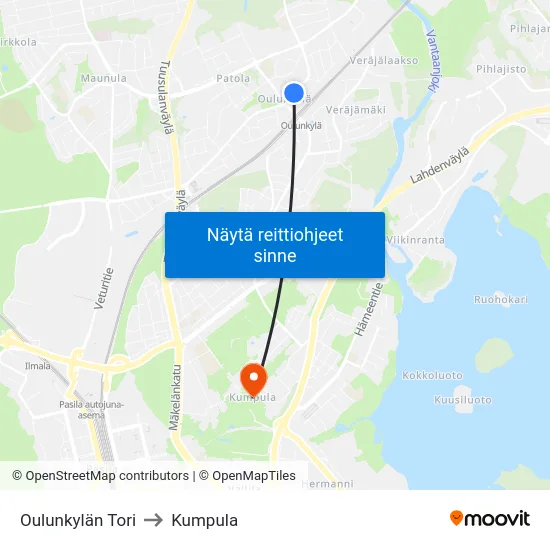 Oulunkylän Tori to Kumpula map