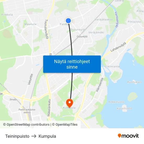 Teininpuisto to Kumpula map