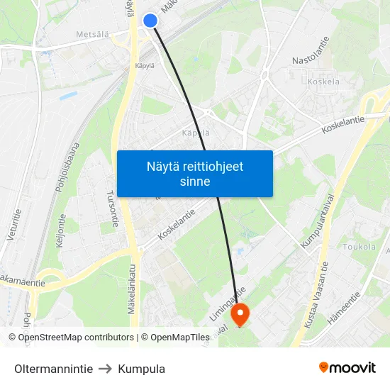 Oltermannintie to Kumpula map