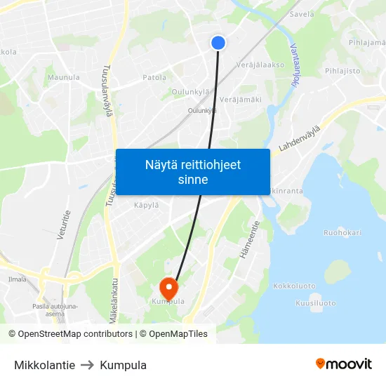 Mikkolantie to Kumpula map