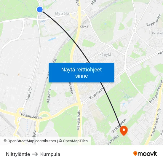 Niittyläntie to Kumpula map