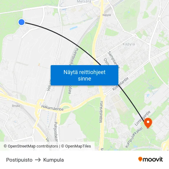 Postipuisto to Kumpula map