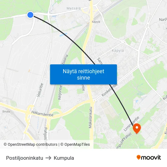 Postiljooninkatu to Kumpula map