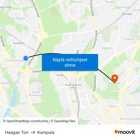 Haagan Tori to Kumpula map