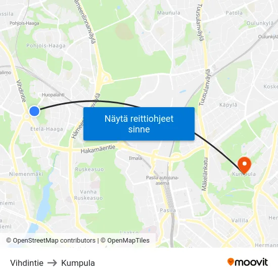Vihdintie to Kumpula map