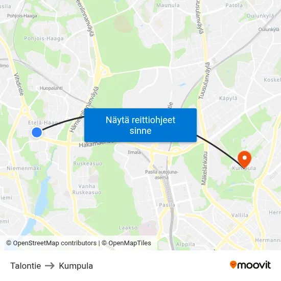 Talontie to Kumpula map
