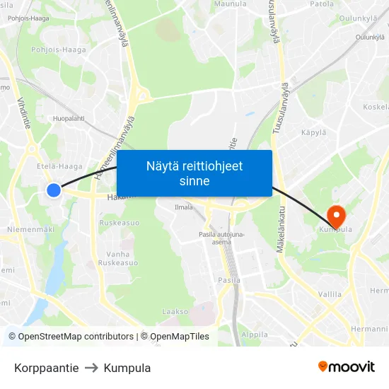 Korppaantie to Kumpula map