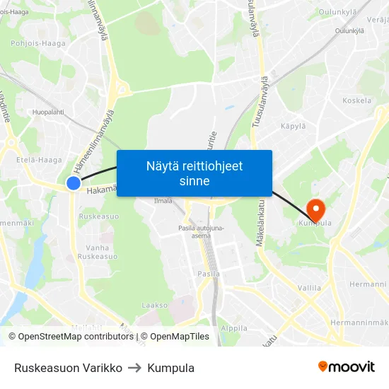 Ruskeasuon Varikko to Kumpula map