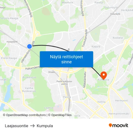 Laajasuontie to Kumpula map