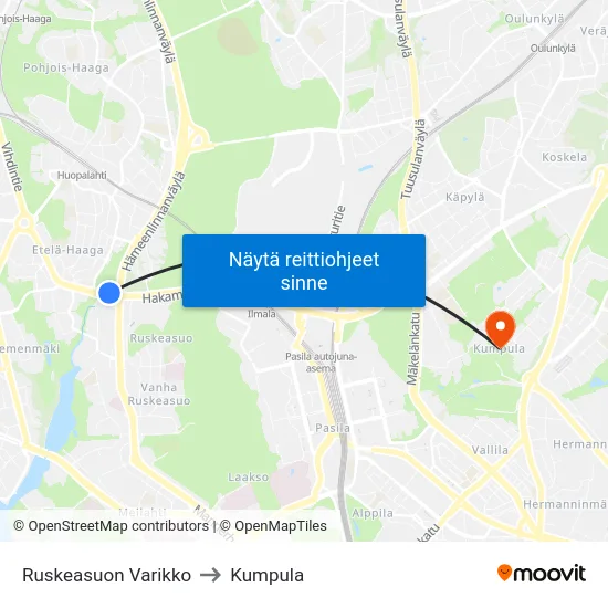 Ruskeasuon Varikko to Kumpula map