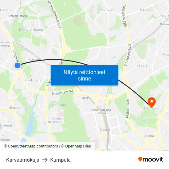 Karvaamokuja to Kumpula map