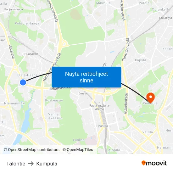 Talontie to Kumpula map