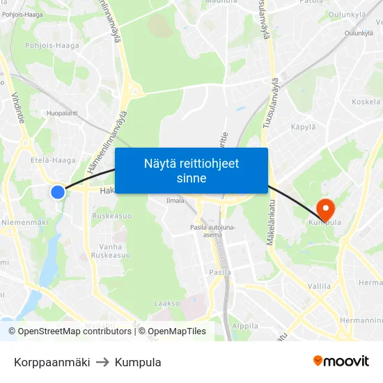 Korppaanmäki to Kumpula map