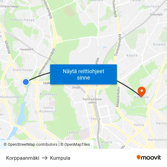 Korppaanmäki to Kumpula map