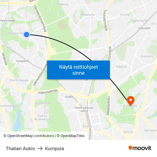 Thalian Aukio to Kumpula map