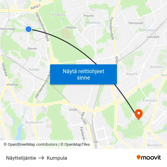 Näyttelijäntie to Kumpula map