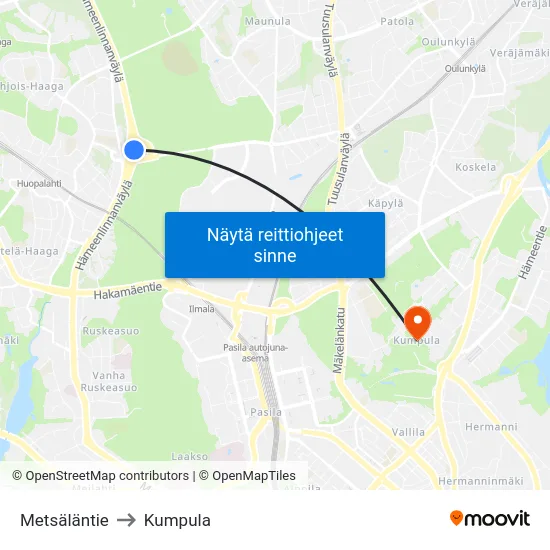 Metsäläntie to Kumpula map