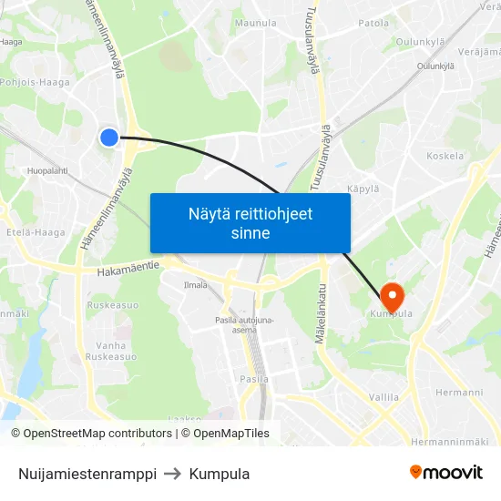 Nuijamiestenramppi to Kumpula map