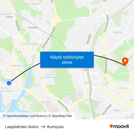 Laajalahden Aukio to Kumpula map