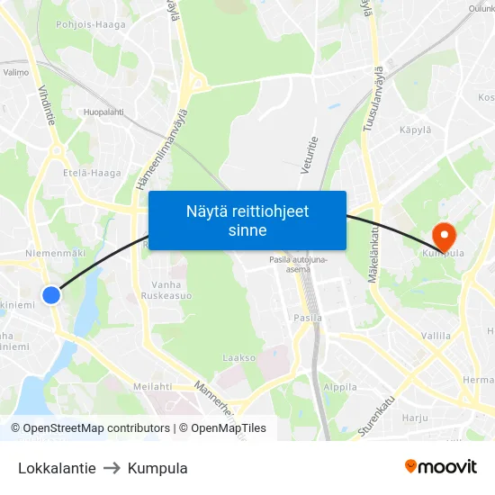 Lokkalantie to Kumpula map