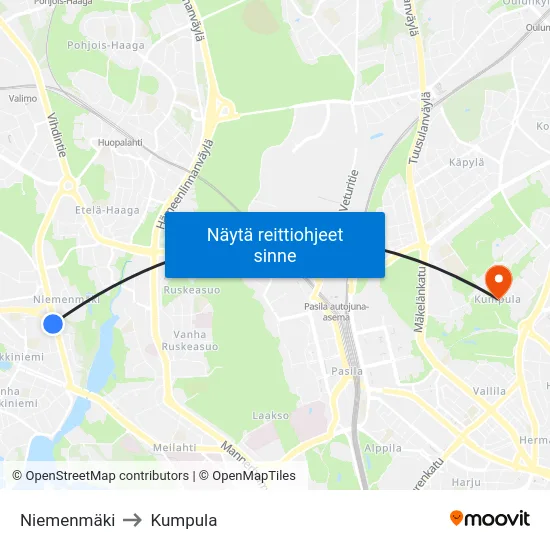 Niemenmäki to Kumpula map