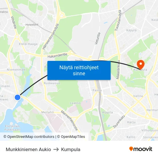 Munkkiniemen Aukio to Kumpula map