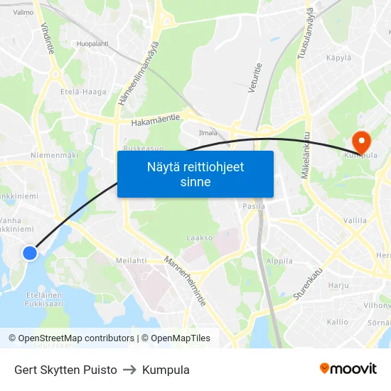 Gert Skytten Puisto to Kumpula map
