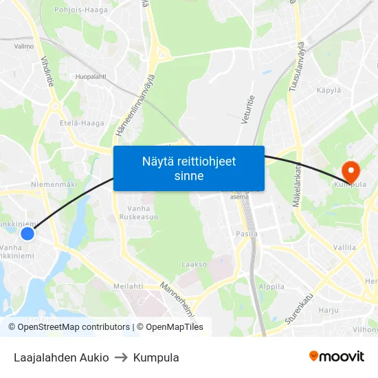 Laajalahden Aukio to Kumpula map