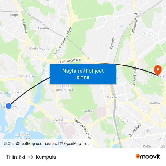 Tiilimäki to Kumpula map
