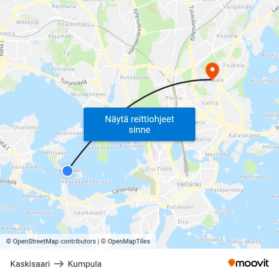 Kaskisaari to Kumpula map