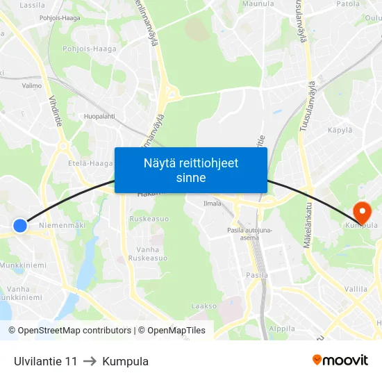 Ulvilantie 11 to Kumpula map