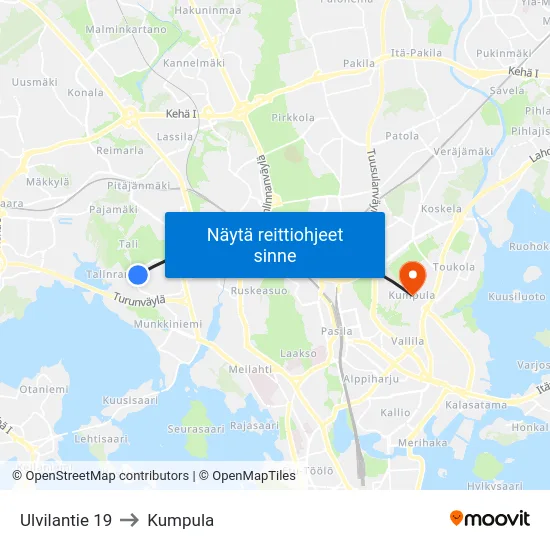 Ulvilantie 19 to Kumpula map