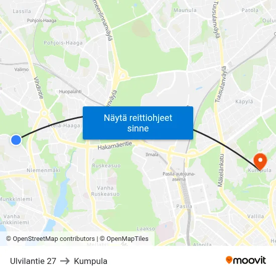 Ulvilantie 27 to Kumpula map