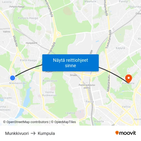 Munkkivuori to Kumpula map