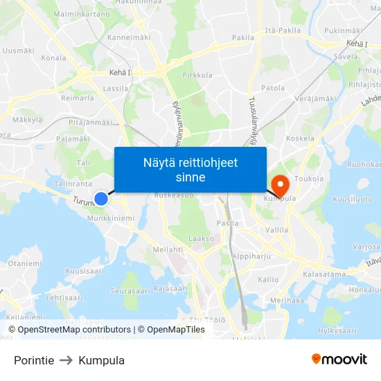 Porintie to Kumpula map