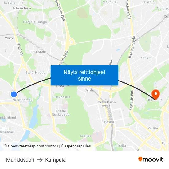 Munkkivuori to Kumpula map
