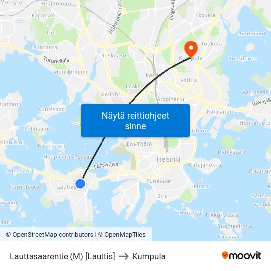 Lauttasaarentie (M) [Lauttis] to Kumpula map