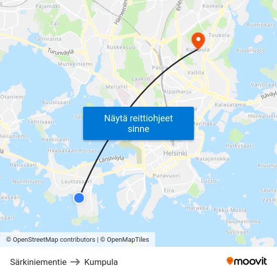 Särkiniementie to Kumpula map