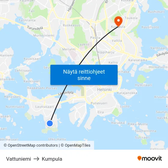Vattuniemi to Kumpula map