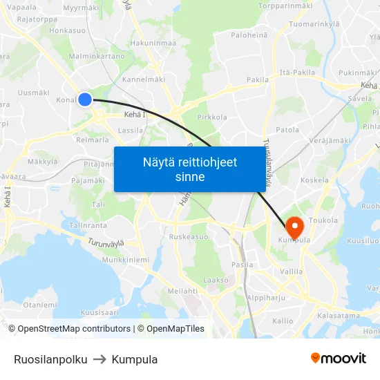 Ruosilanpolku to Kumpula map